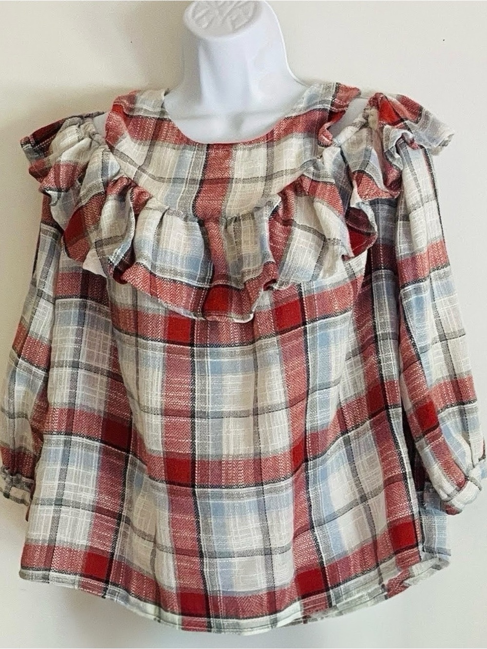 Doe & Rae Cold Shoulder Plaid Ruffle Flannel Top